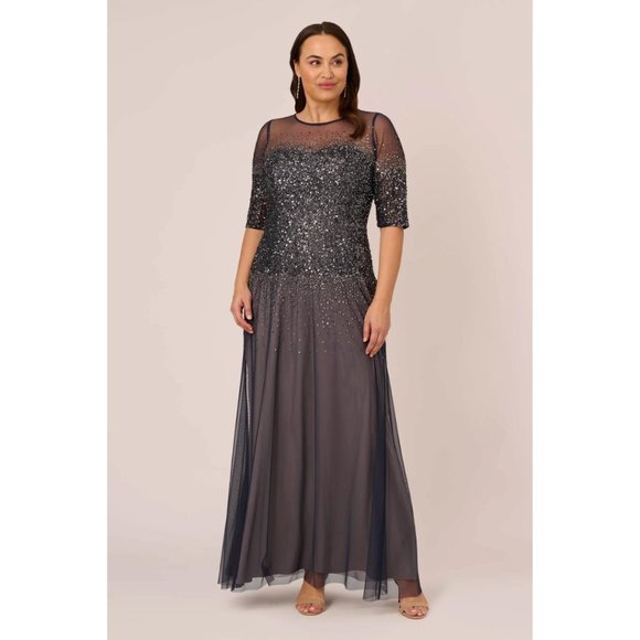 ADRIANNA PAPELL HALF SLEEVE SEQUIN ILLUSION MESH DRESS (PETITE))(091863332) - Picture 1 of 3